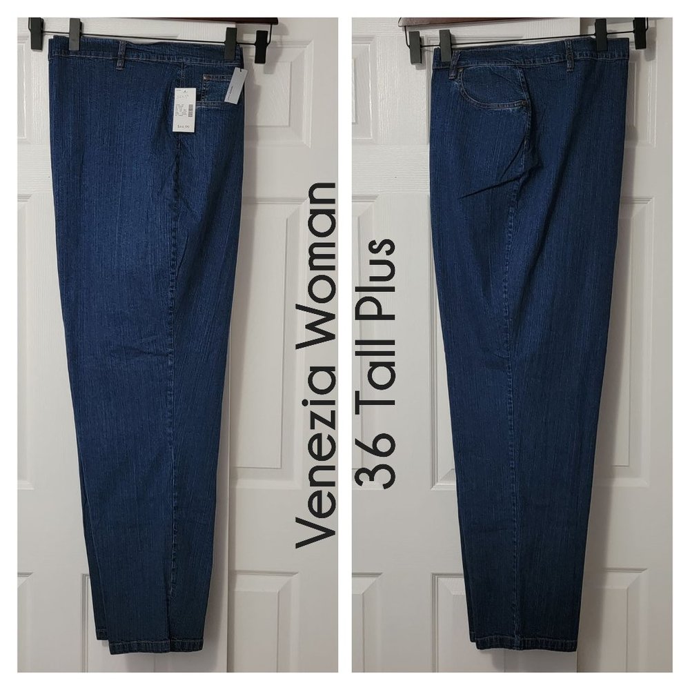 36 Tall Plus Venezia Woman Medium Wash Stretch Blue Denim Jeans NWT